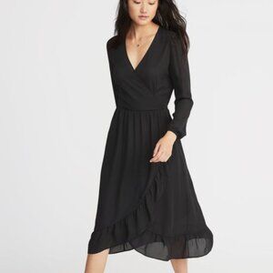 *Old Navy Waist-Defined Ruffle-Trim Faux-Wrap Black Georgette Dress